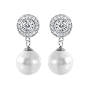 Silver 925 Rhodium Plated Pearl CZ Cluster Earrings - STE00988