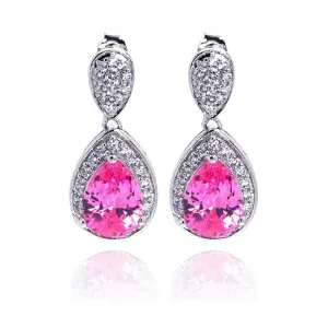 Silver 925 Rhodium Plated Pink Teardrop and Clear CZ Dangling Stud Earrings - STE00670PNK