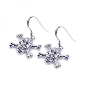 Silver 925 Rhodium Plated Pirate Skull CZ Dangling Hook Earrings - STE00537