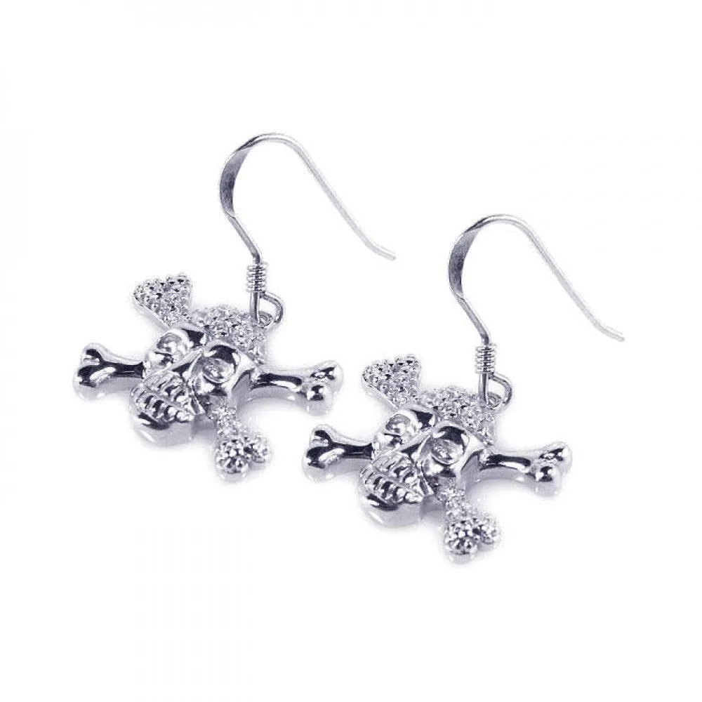 Silver 925 Rhodium Plated Pirate Skull CZ Dangling Hook Earrings - STE00537