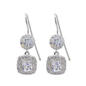 Silver 925 Rhodium Plated Rectangle CZ Dangling Hook Earrings - STE00209