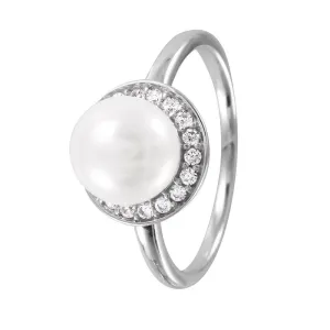 Silver 925 Rhodium Plated Round Band with Synthetic Pearl CZ Halo Ring - GMR00073