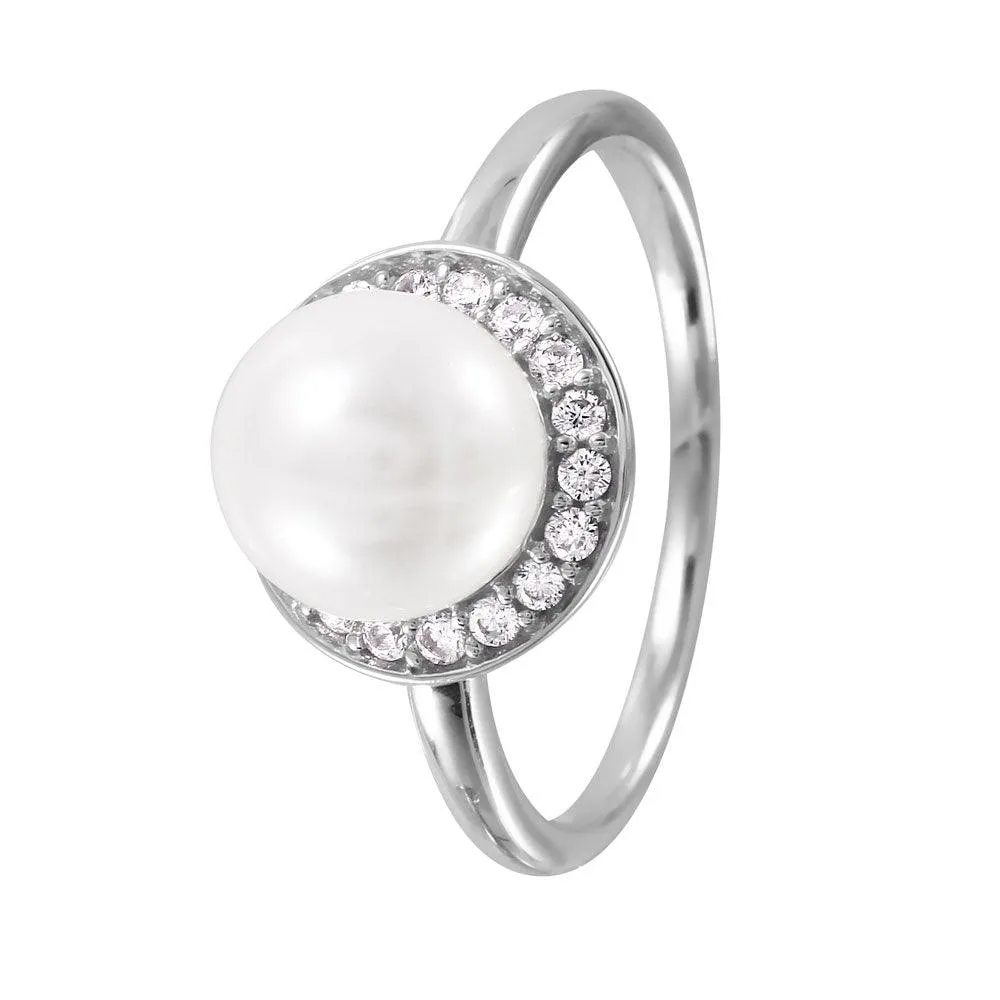 Silver 925 Rhodium Plated Round Band with Synthetic Pearl CZ Halo Ring - GMR00073