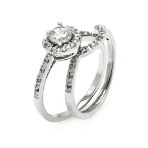 Silver 925 Rhodium Plated Round Center Clear CZ Bridal Ring Set - BGR00454