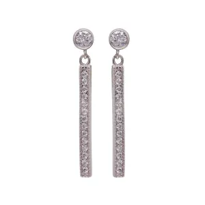 Silver 925 Rhodium Plated Round Clear CZ Rectangular Dangling Stud Earrings - STE00956