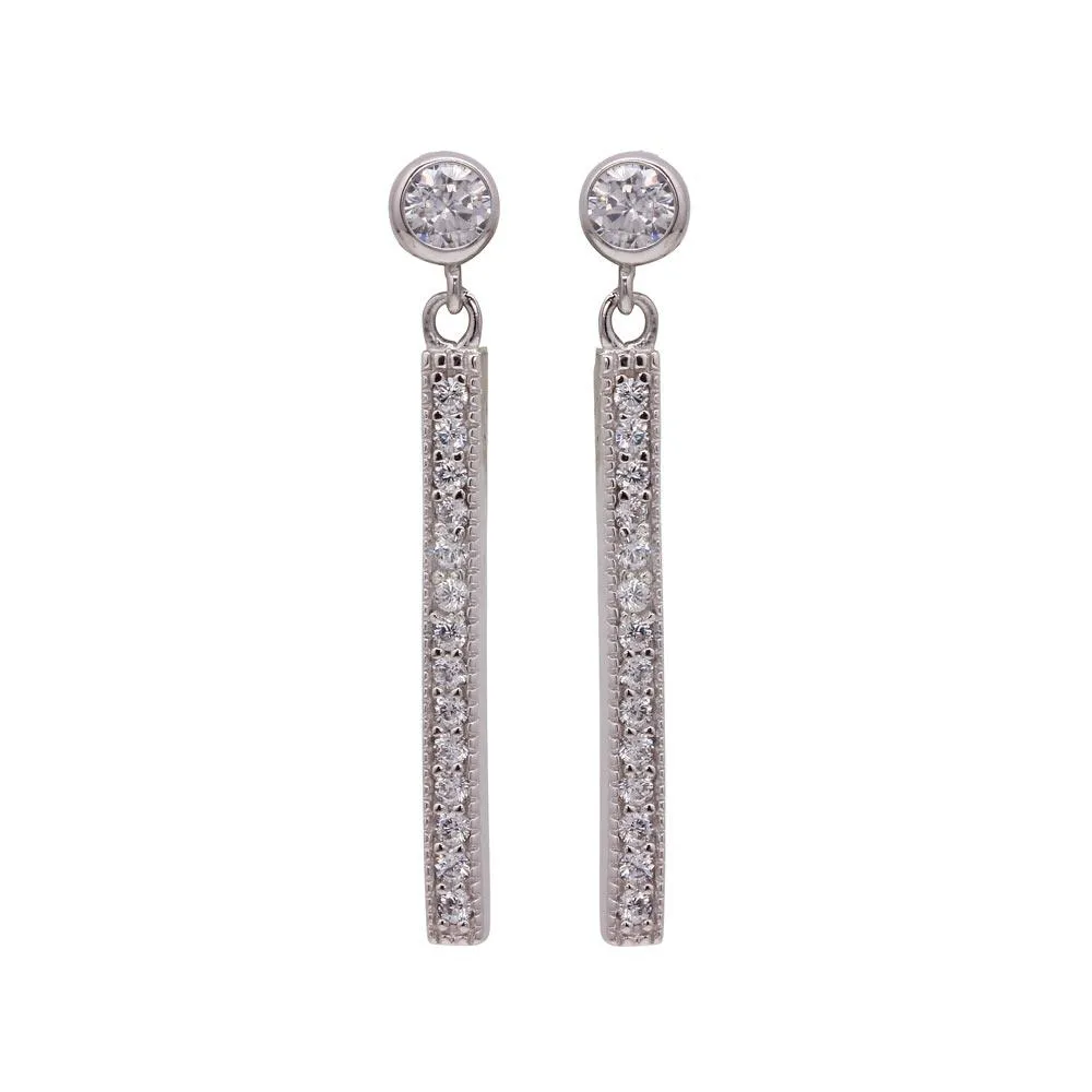 Silver 925 Rhodium Plated Round Clear CZ Rectangular Dangling Stud Earrings - STE00956