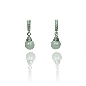 Silver 925 Rhodium Plated Round Clear CZ Synthetic Pearl Dangling Stud Earrings - STE00902