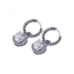 Silver 925 Rhodium Plated Round CZ Dangling Hoop Earrings - STE00434