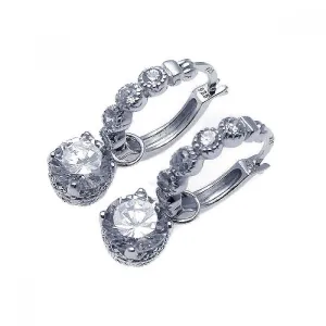 Silver 925 Rhodium Plated Round CZ Dangling Hoop Earrings - STE00580