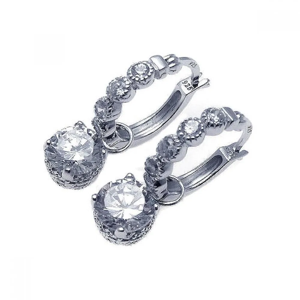 Silver 925 Rhodium Plated Round CZ Dangling Hoop Earrings - STE00580