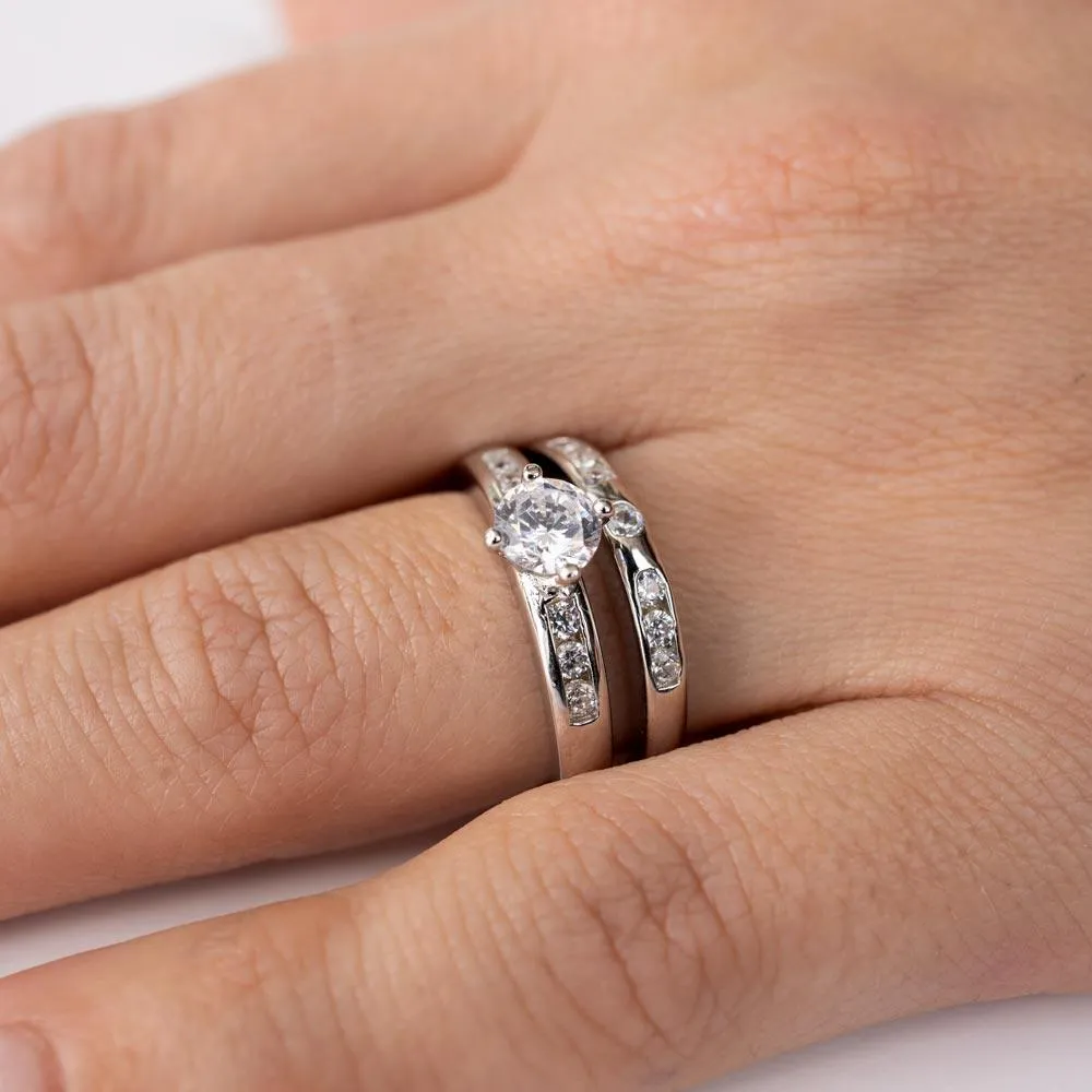 Silver 925 Rhodium Plated Round Pave Center Set Bridal Ring - GMR00134