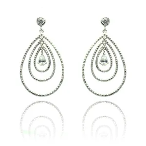 Silver 925 Rhodium Plated Round Teardrop CZ Dangling Stud Earrings - STE00653