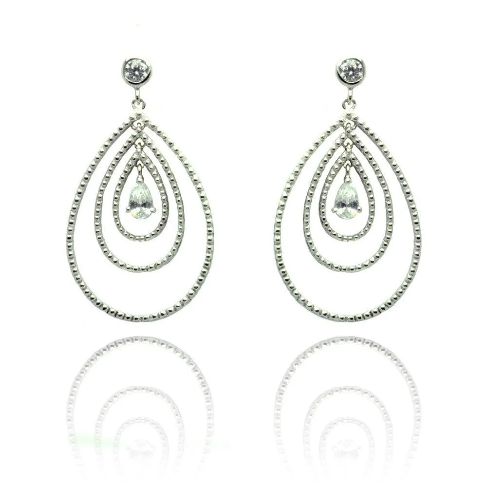 Silver 925 Rhodium Plated Round Teardrop CZ Dangling Stud Earrings - STE00653