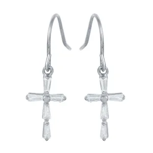 Silver 925 Rhodium Plated Small Cross Earrings with CZ Baguette Accents - STE00970