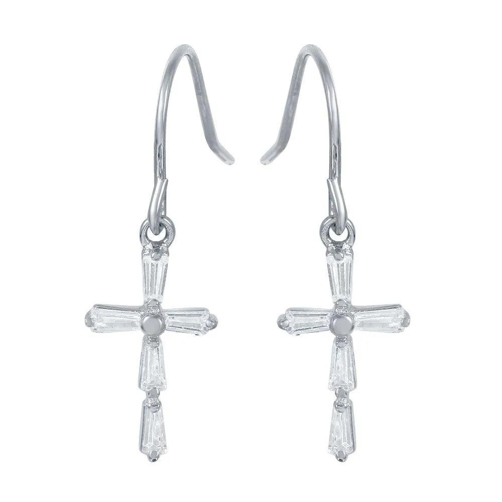 Silver 925 Rhodium Plated Small Cross Earrings with CZ Baguette Accents - STE00970