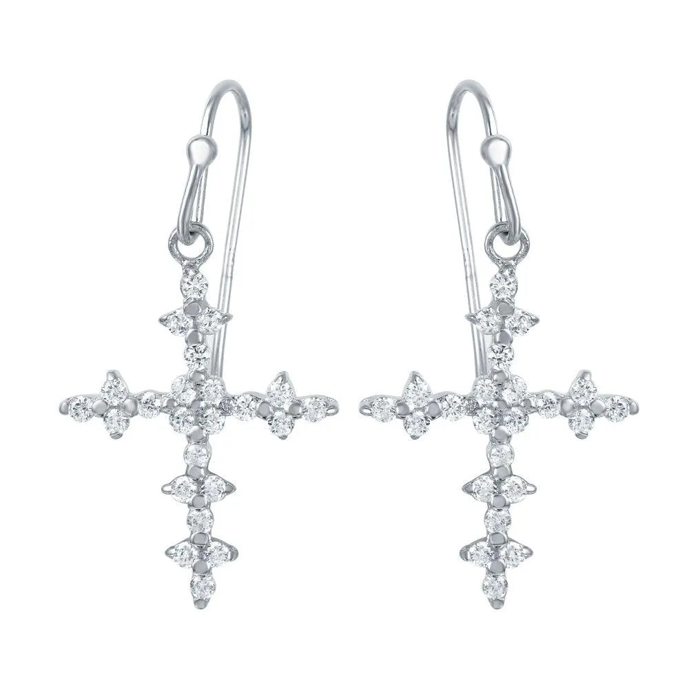 Silver 925 Rhodium Plated Small Floral Cross Earrings with CZ Accents - STE00971