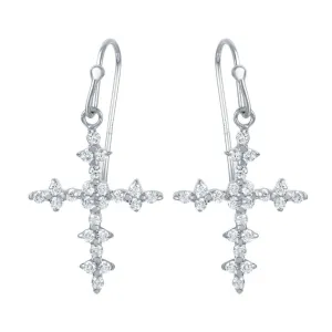 Silver 925 Rhodium Plated Small Floral Cross Earrings with CZ Accents - STE00971