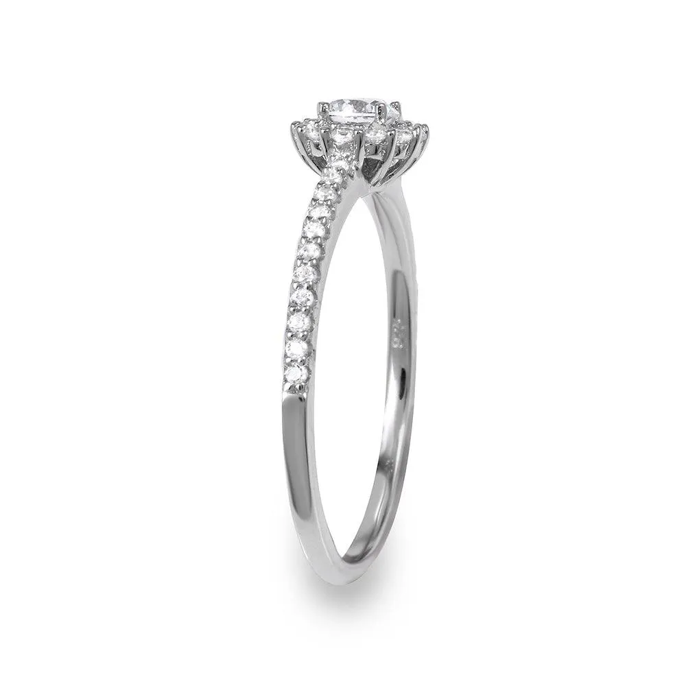 Silver 925 Rhodium Plated Small Size Halo CZ Ring - GMR00127