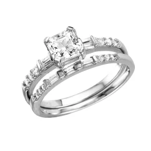 Silver 925 Rhodium Plated Square Center Baguette CZ Stones Ring - GMR00086