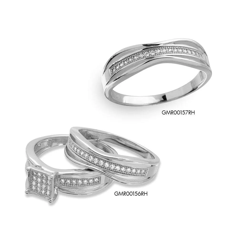 Silver 925 Rhodium Plated Square Center Trio Bridal Ring - GMR00156