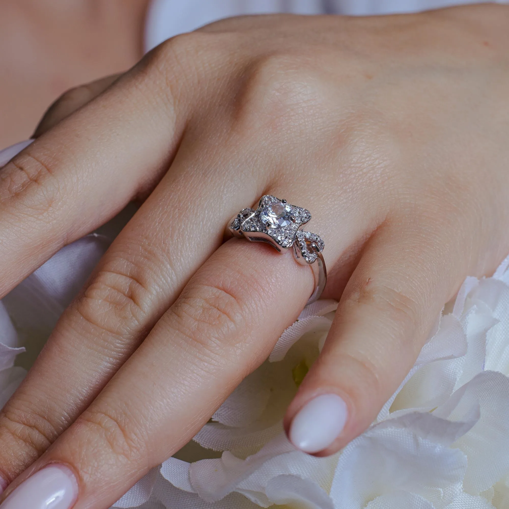 Silver 925 Rhodium Plated Square Clear CZ Bridal Ring - BGR00553