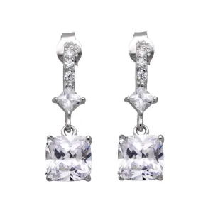 Silver 925 Rhodium Plated Square CZ Dangling Post Earrings - STE00448