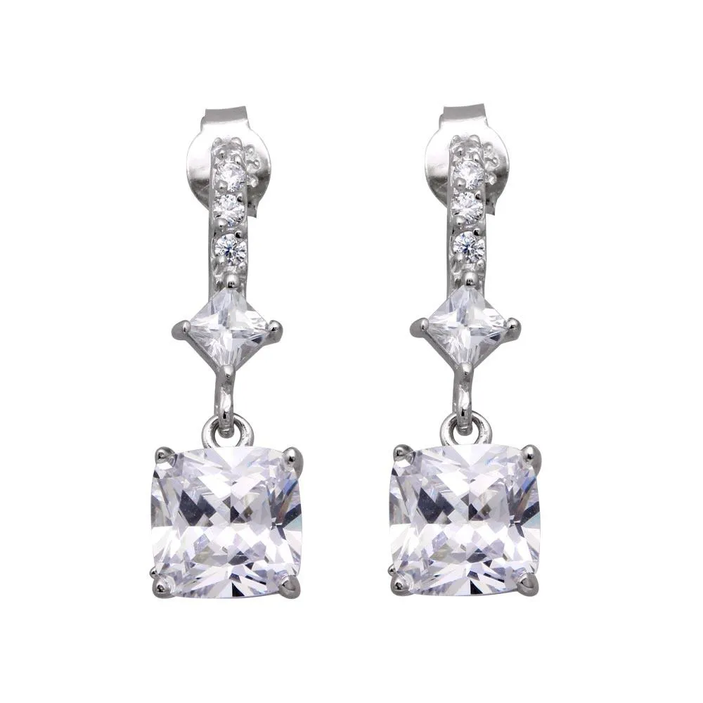 Silver 925 Rhodium Plated Square CZ Dangling Post Earrings - STE00448