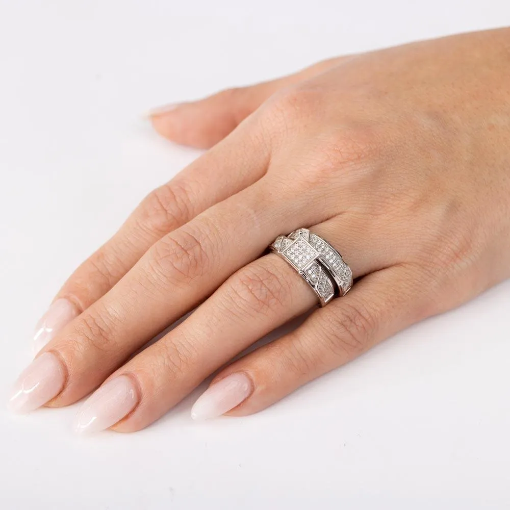 Silver 925 Rhodium Plated Square Pave Center Trio Bridal Ring - GMR00150