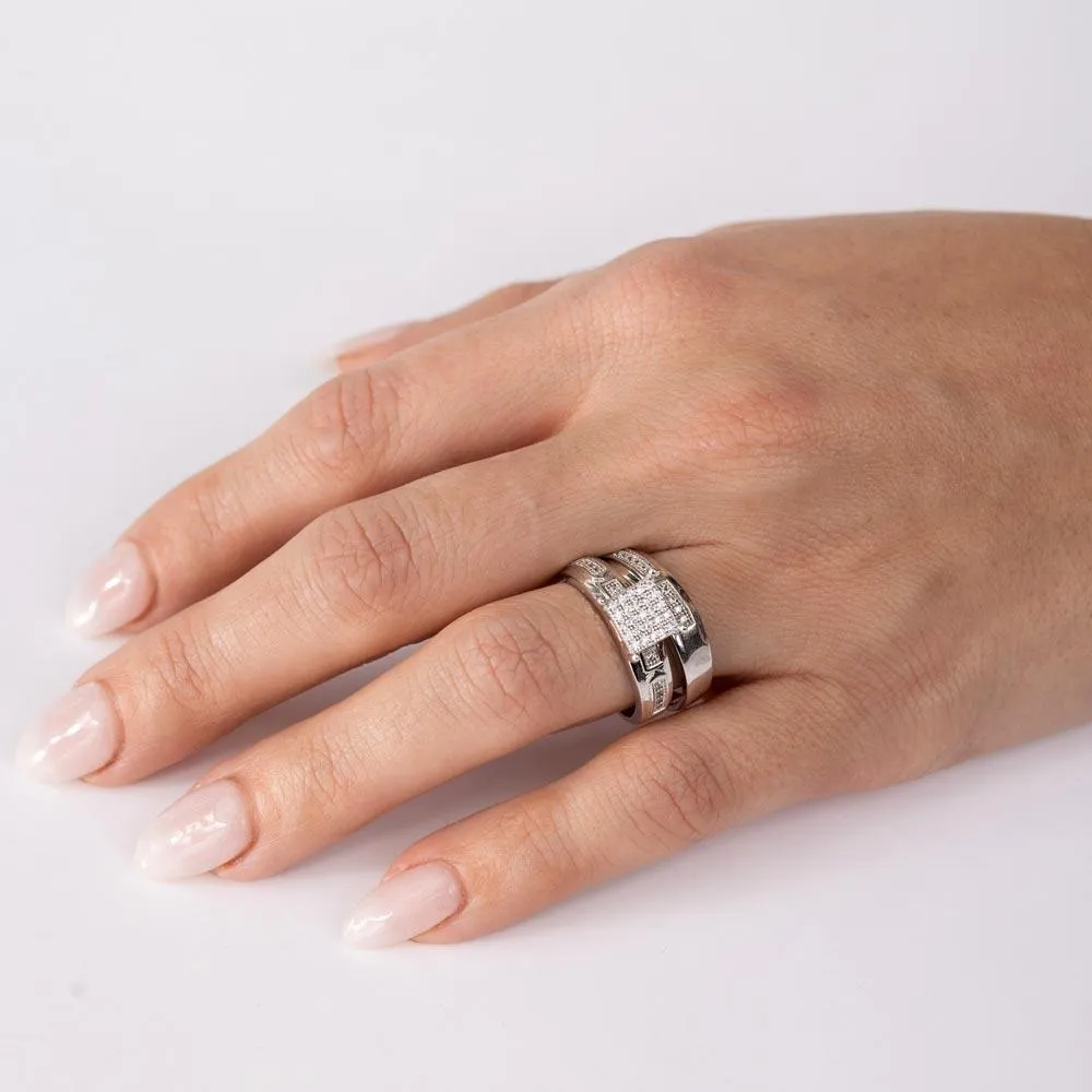 Silver 925 Rhodium Plated Square Pave Center Trio Bridal Ring - GMR00168
