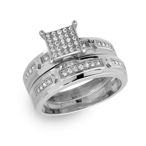 Silver 925 Rhodium Plated Square Pave Center Trio Bridal Ring - GMR00168
