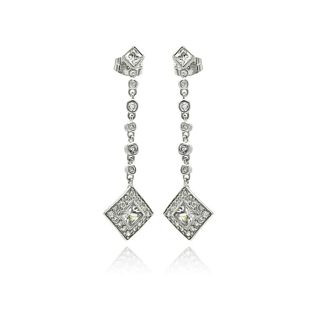 Silver 925 Rhodium Plated Square Round CZ Dangling Stud Earrings - BGE00248
