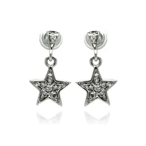 Silver 925 Rhodium Plated Star CZ Inlay Dangling Stud Earrings - BGE00236