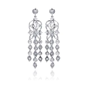 Silver 925 Rhodium Plated Star Round Marquis CZ Three Strand Dangling Stud Chandelier Earrings - BGE00194