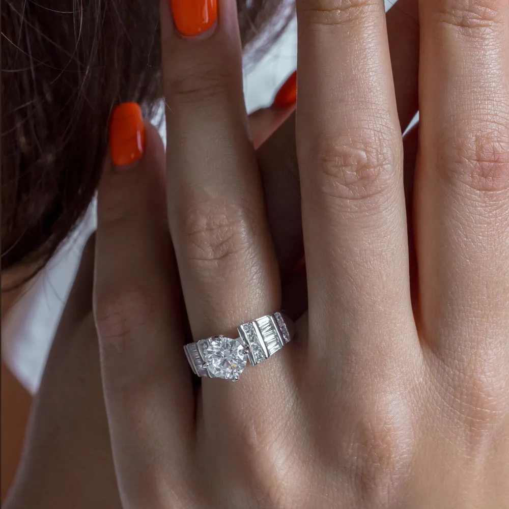 Silver 925 Rhodium Plated Stone with Baguette Ring - BGR00009