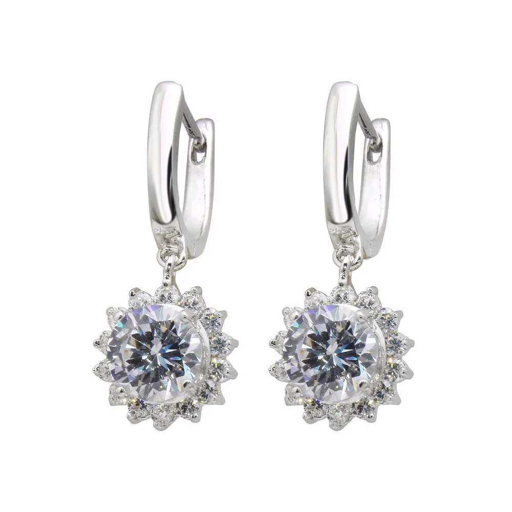Silver 925 Rhodium Plated Sun CZ Dangling huggie hoop Earrings - BGE00119