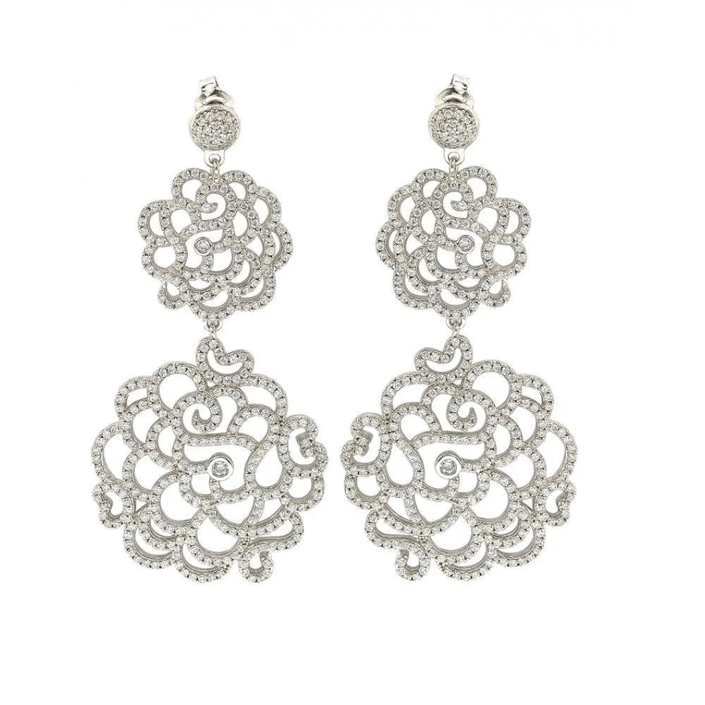 Silver 925 Rhodium Plated Teardrop Clear CZ Dangling Chandelier Earring - GME00001