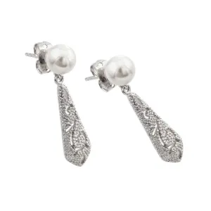 Silver 925 Rhodium Plated Teardrop CZ Inlay Dangling Stud Earrings - BGE00213
