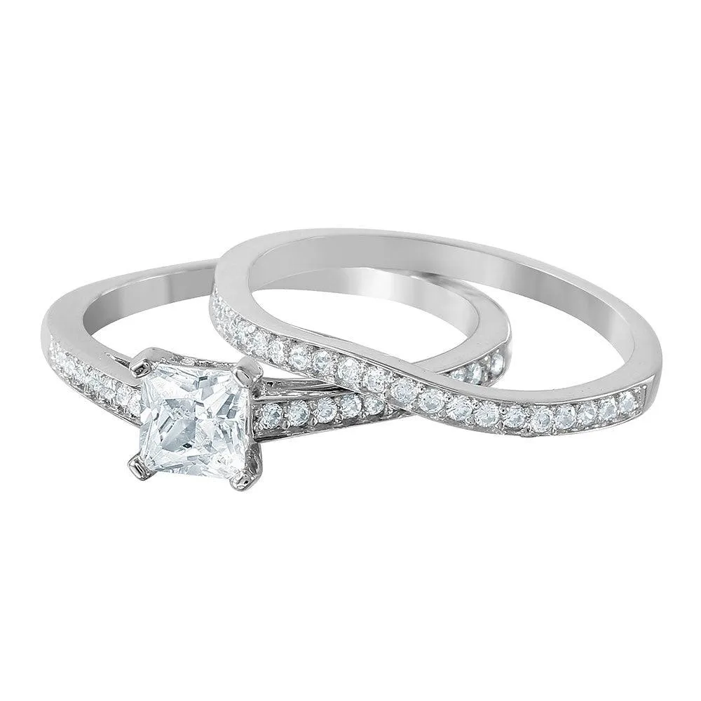 Silver 925 Rhodium Plated Thin CZ Bridal Ring - GMR00078