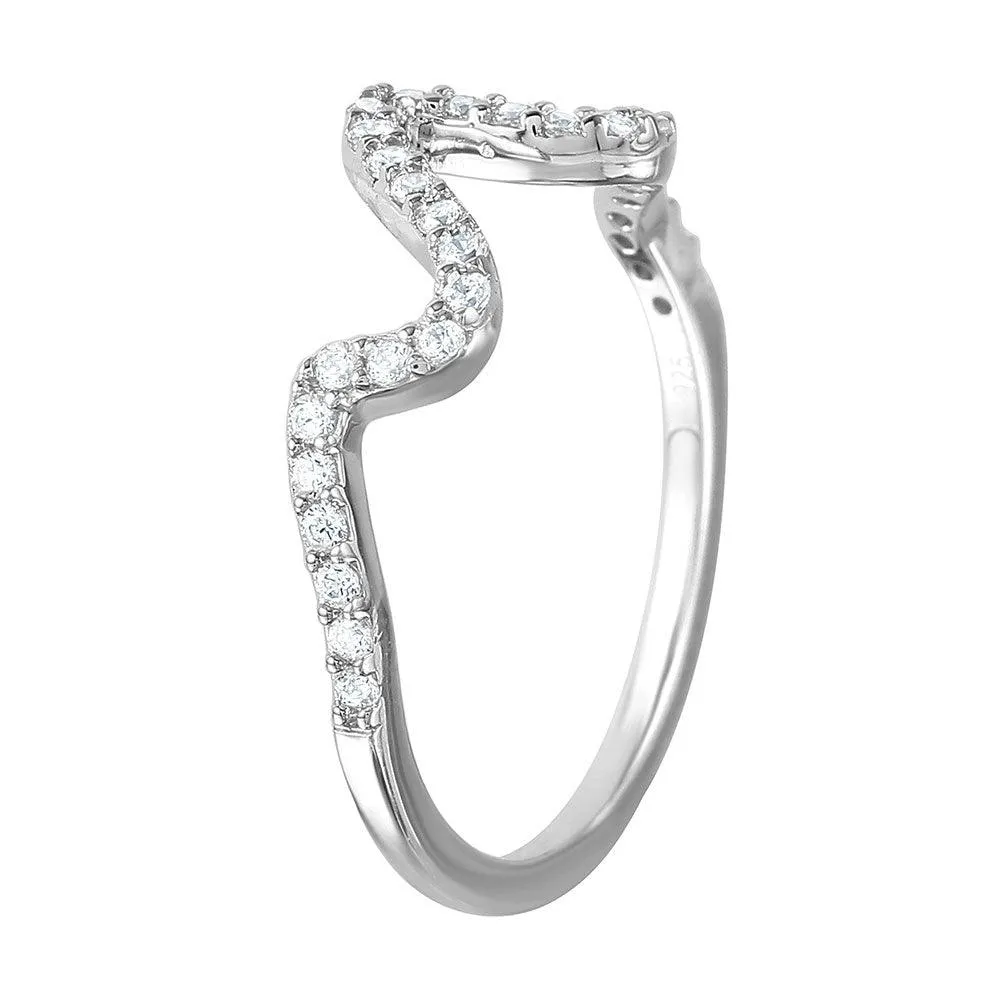 Silver 925 Rhodium Plated Thin Wavy CZ Inlay Ring - GMR00076