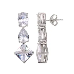 Silver 925 Rhodium Plated Three Graduated CZ Dangling Earrings - STE00250