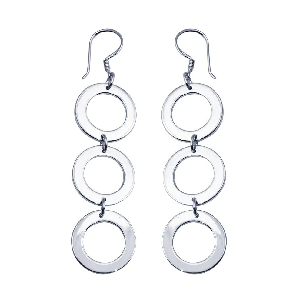 Silver 925 Rhodium Plated Three Open Circle Dangling Hook Earrings - DSE00021