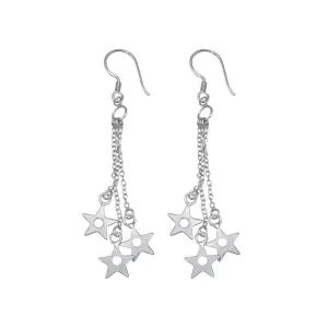 Silver 925 Rhodium Plated Three Wire Dangling Open Stars Hook Earrings - DSE00014
