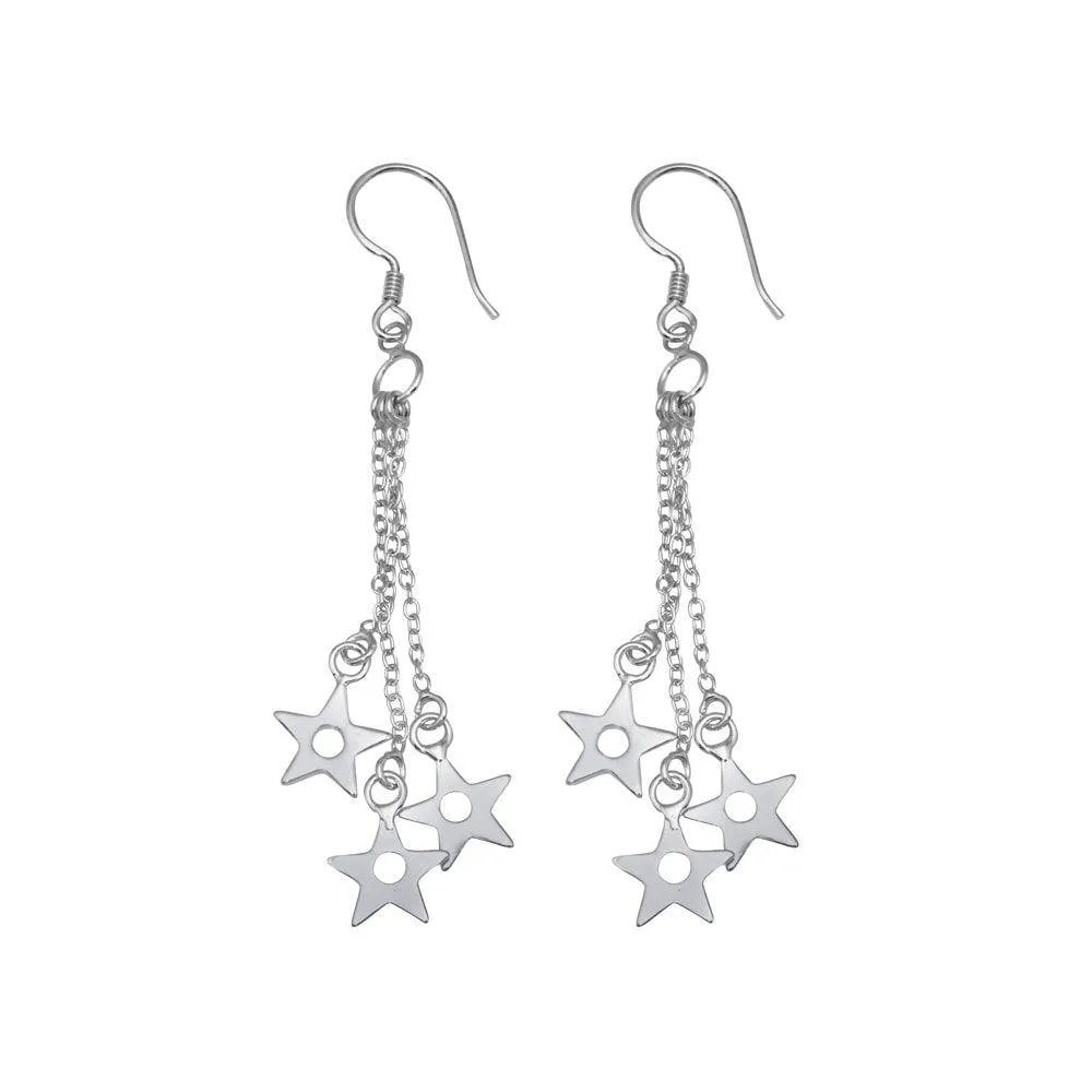 Silver 925 Rhodium Plated Three Wire Dangling Open Stars Hook Earrings - DSE00014