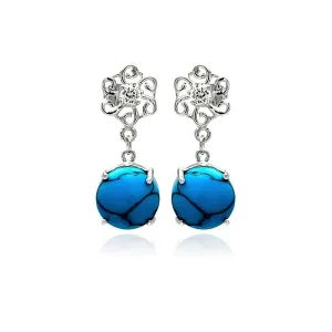 Silver 925 Rhodium Plated Turquoise Clear CZ Flower Dangling Stud Earrings - BGE00260