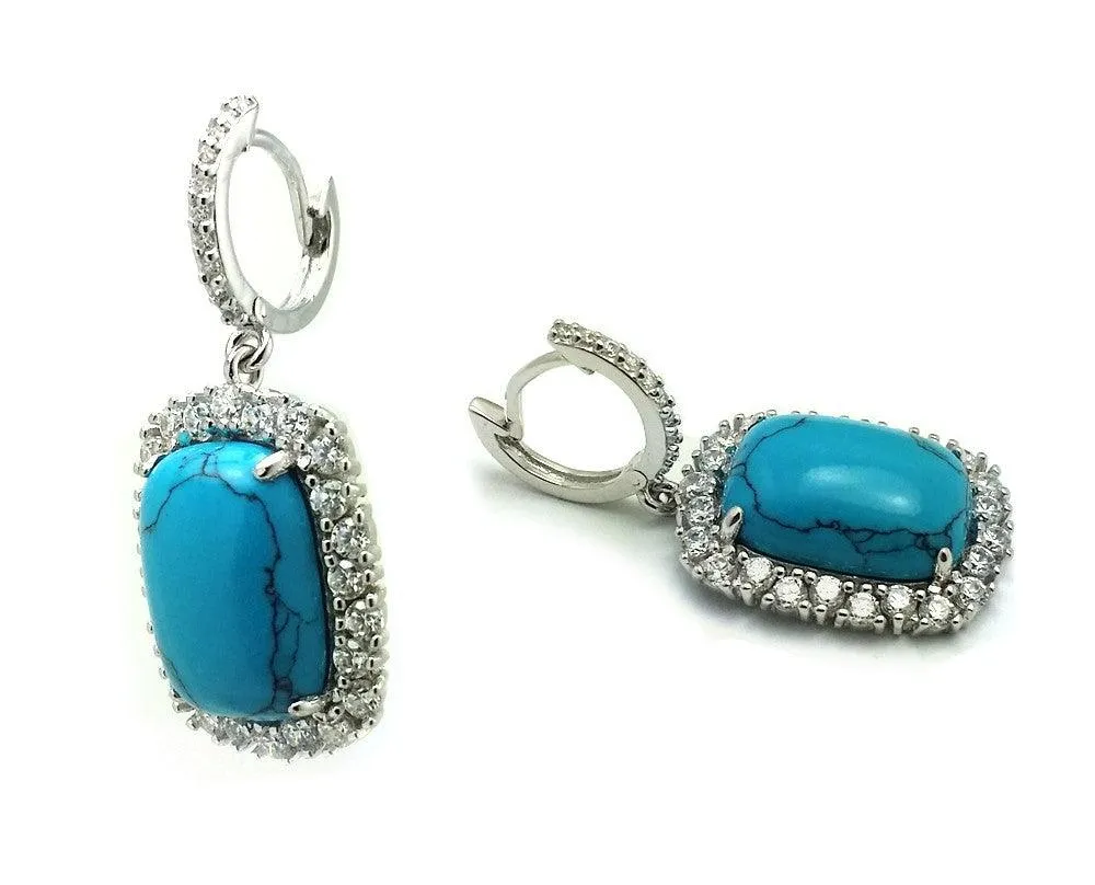 Silver 925 Rhodium Plated Turquoise Square CZ Outline Dangling huggie hoop Earrings - BGE00406