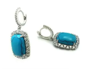 Silver 925 Rhodium Plated Turquoise Square CZ Outline Dangling huggie hoop Earrings - BGE00406