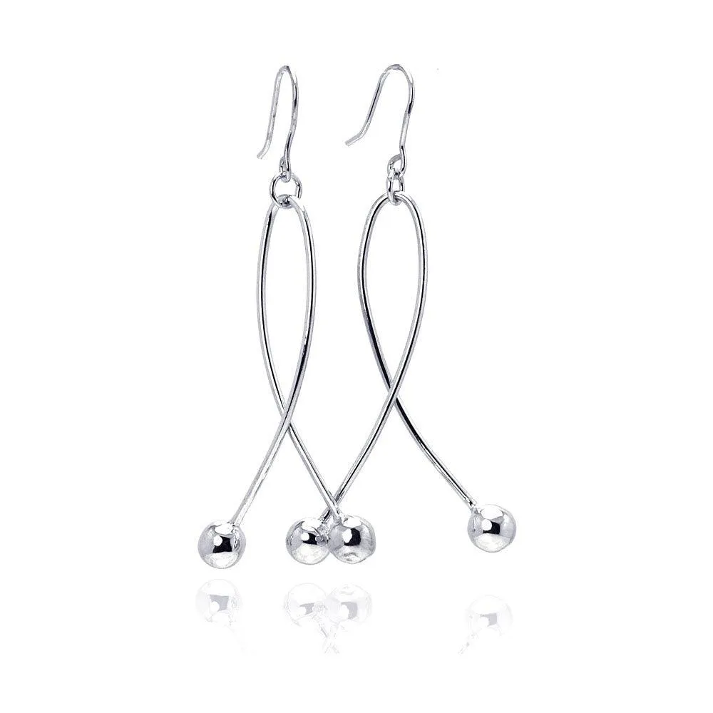 Silver 925 Rhodium Plated Twisted Dangling Two Hanging Balls Hook Earrings - DSE00031