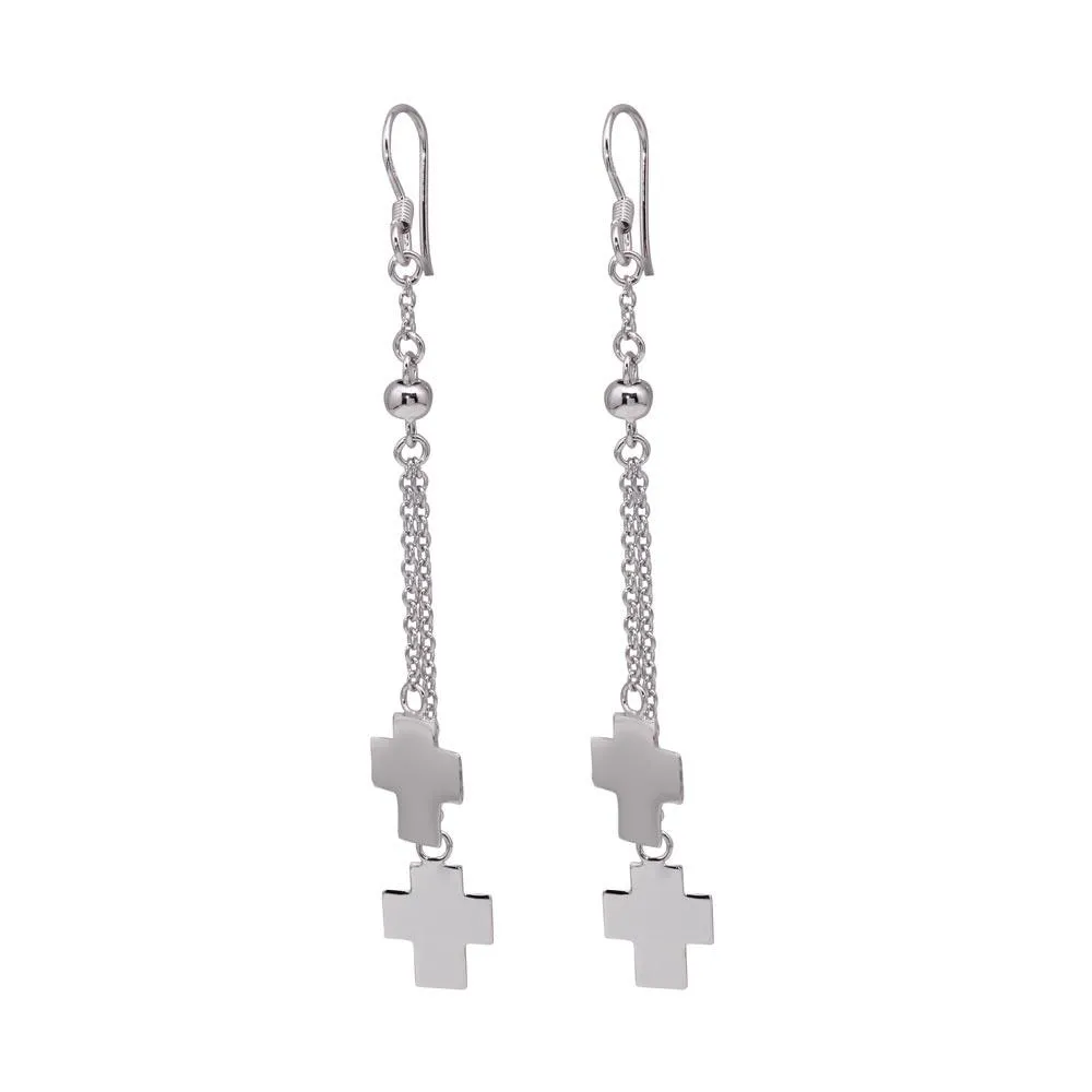 Silver 925 Rhodium Plated Two Cross Wire Dangling Hook Earrings - DSE00015