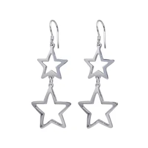 Silver 925 Rhodium Plated Two Dangling Open Star Hook Earrings - DSE00013
