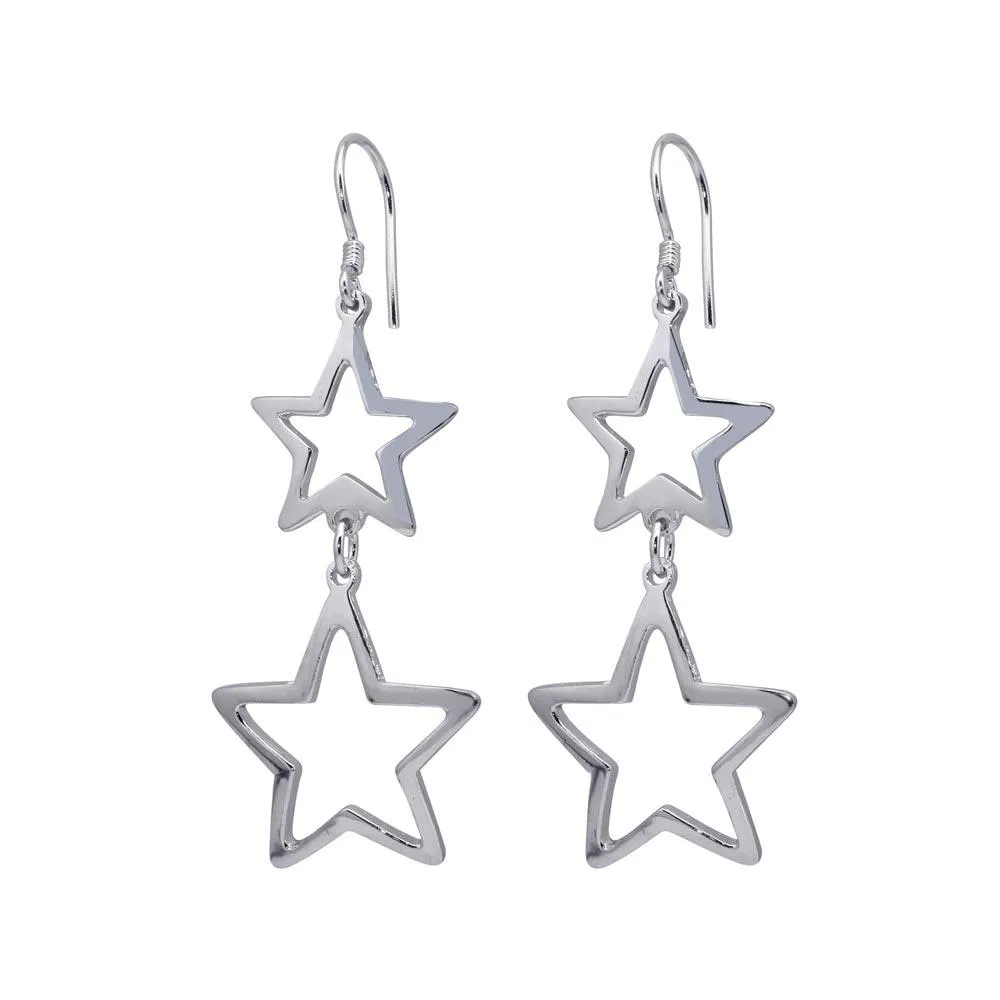 Silver 925 Rhodium Plated Two Dangling Open Star Hook Earrings - DSE00013